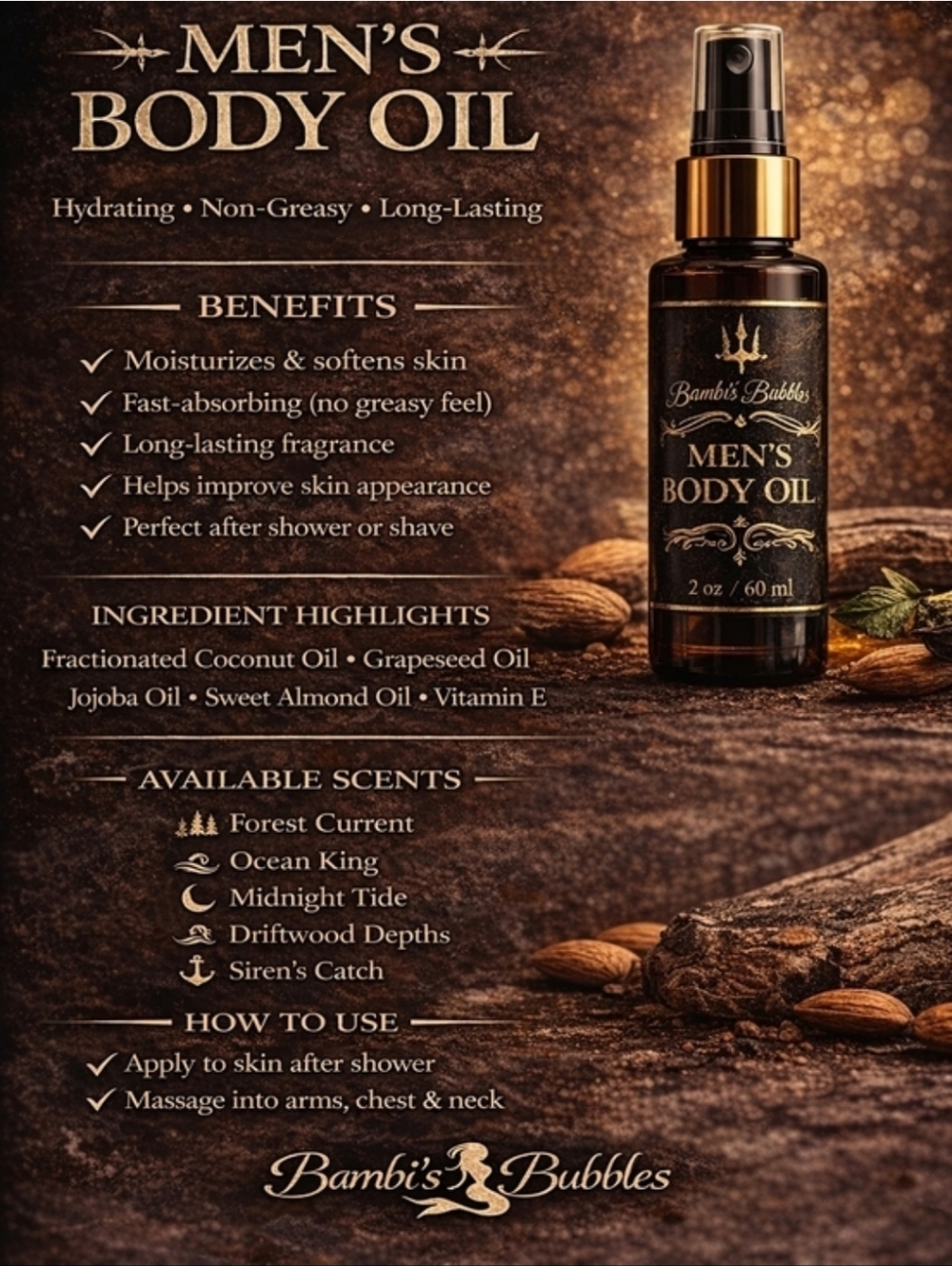 New! Hand Crafted Men's 2oz Body Oil Assorted Scents From Bambis Bubbles